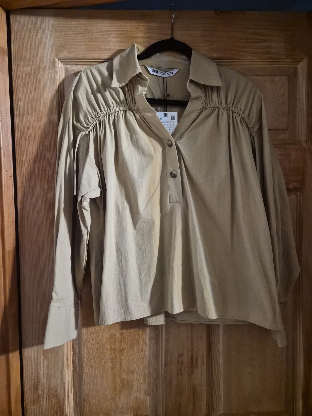Zara Beige Button-Front Long-Sleeve Popover Blouse